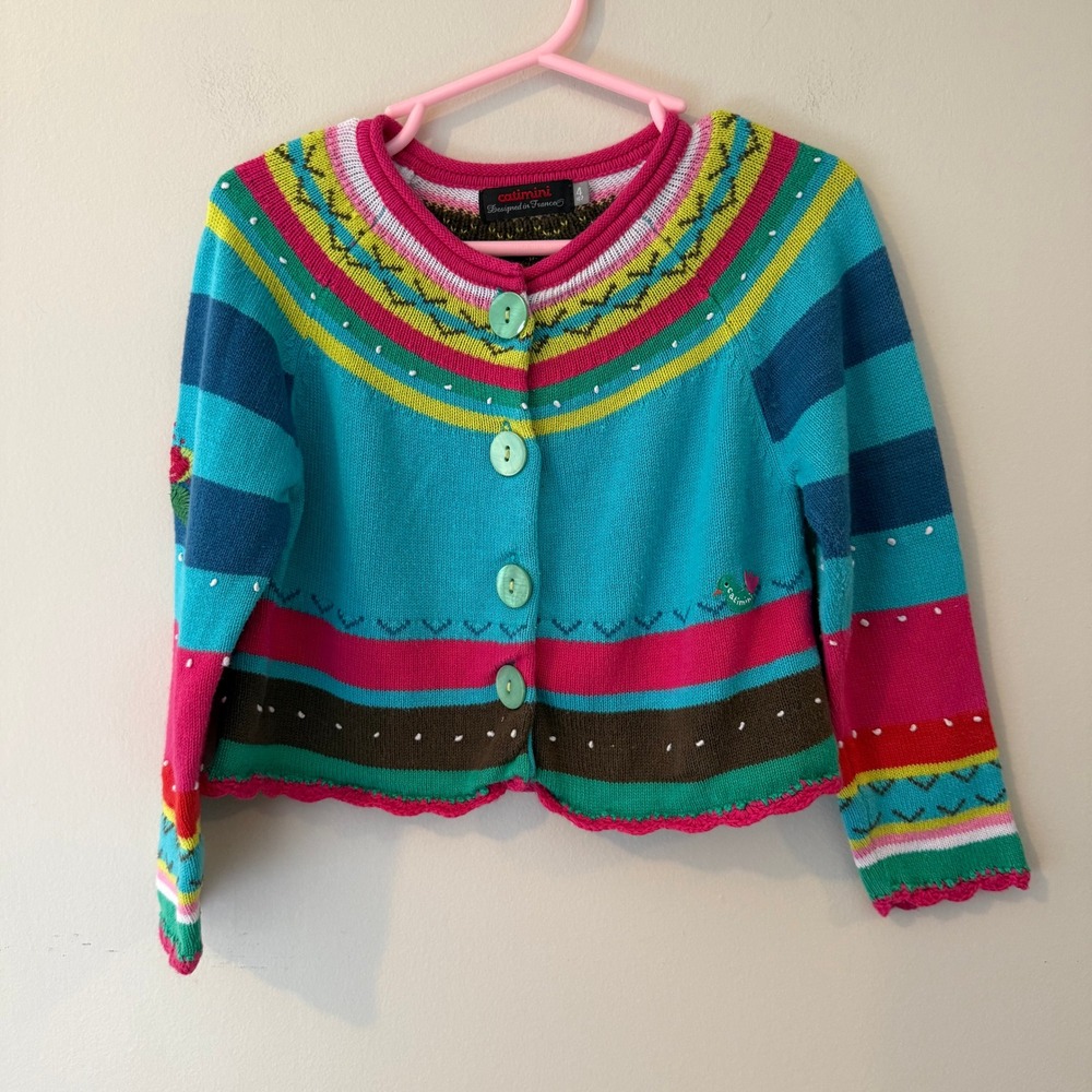 Catimini Girls Multi Color Striped Cotton Knit Cardigan Sweater Size 4 102cm